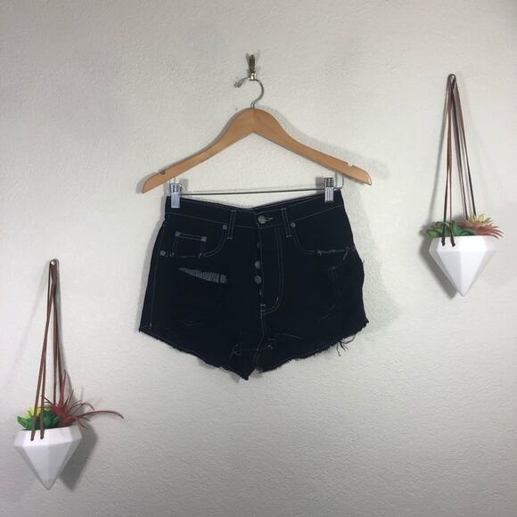 Carmar black distressed destroyed ripped hi rise waist button jean shorts NEW 25 - Picture 2 of 8